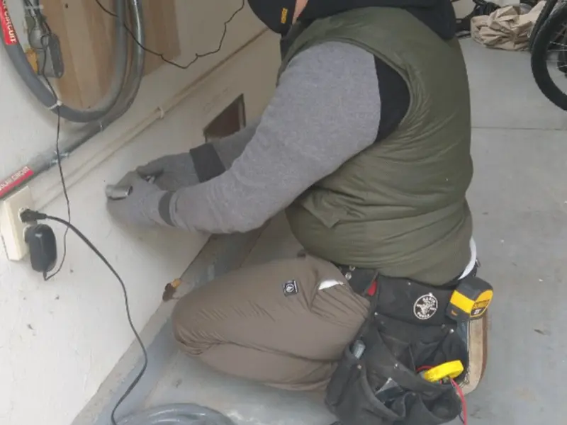 Electrician performing outlet wiring in a Galesburg garage